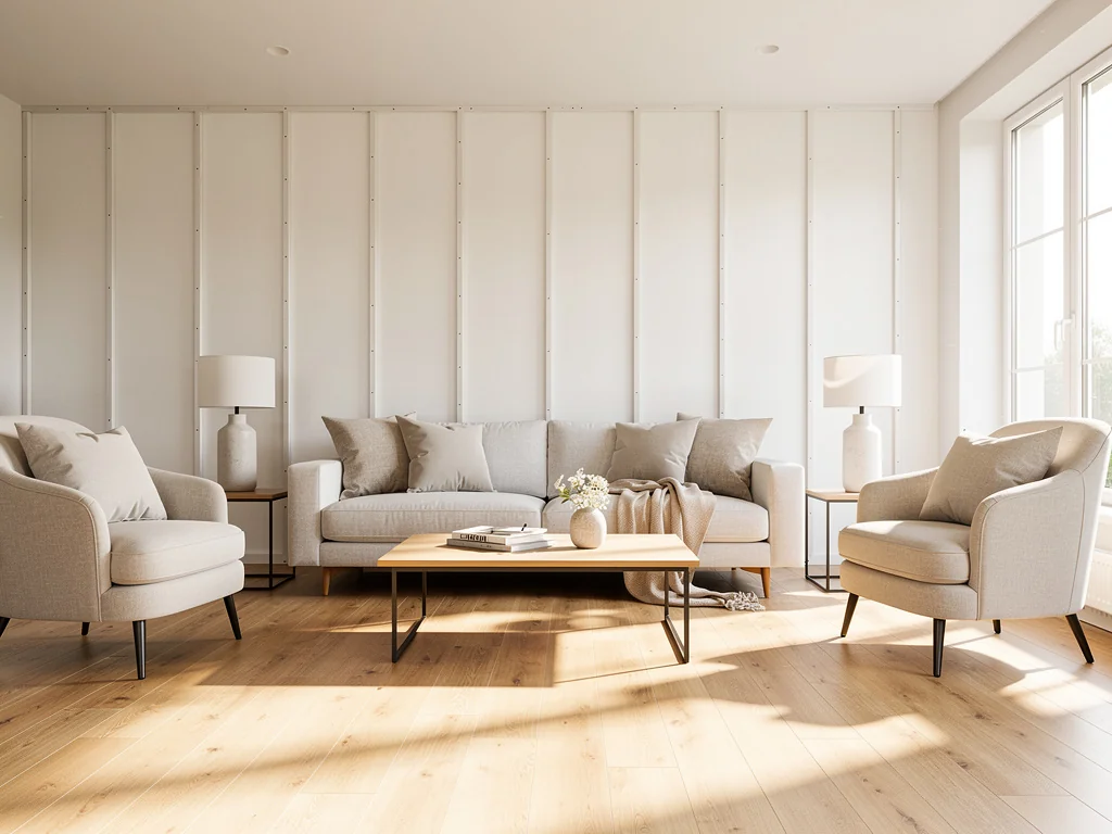 Séjour rénové aux murs doublés par l'intérieur, plâtre lisse fraîchement peint