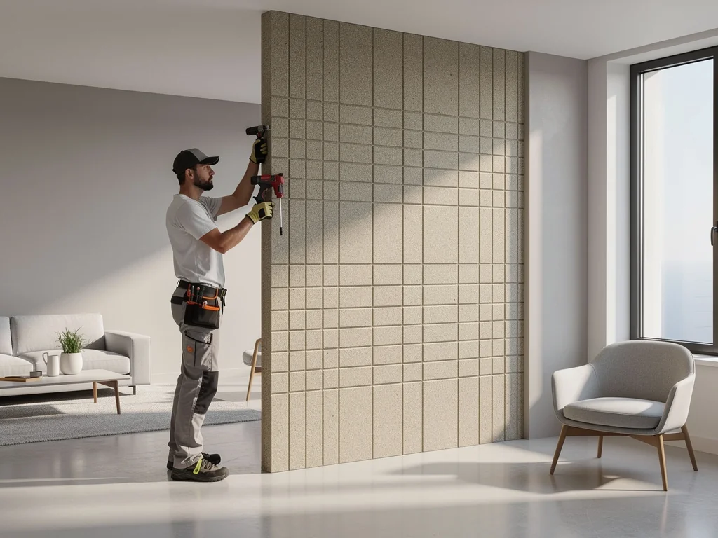 Cloison d'appartement traitée en correction acoustique par panneaux isolants