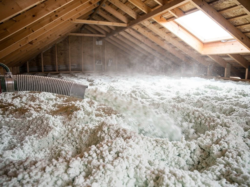 Laine minérale soufflée en flocons sur le plancher de combles perdus