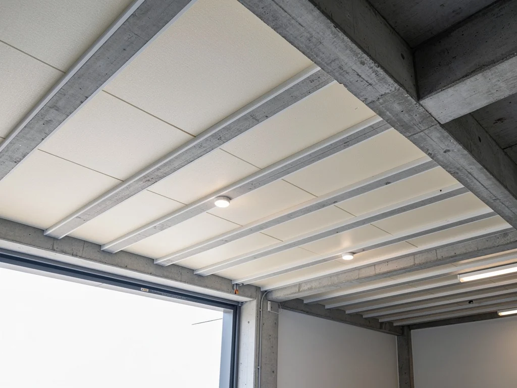 Panneaux rigides fixés au plafond d'un garage sous le plancher du logement
